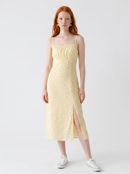Dresses & Skirts - Yellow Floral Midi Slip Dress with Side Slit